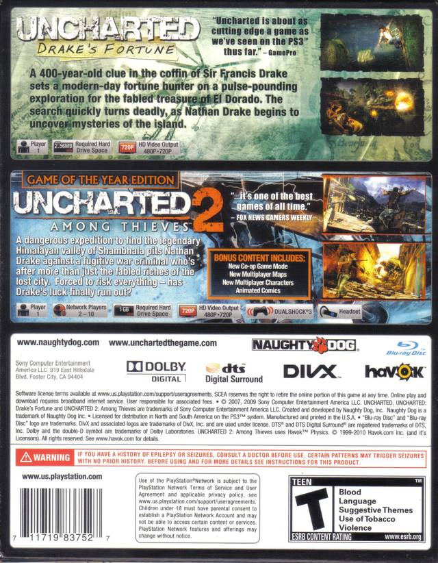Uncharted Dual Pack (Greatest Hits) - (PS3) PlayStation 3 [Pre-Owned] Video Games SCEA   
