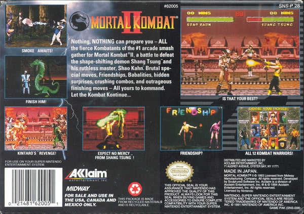Mortal Kombat II - (SNES) Super Nintendo [Pre-Owned] Video Games Acclaim   