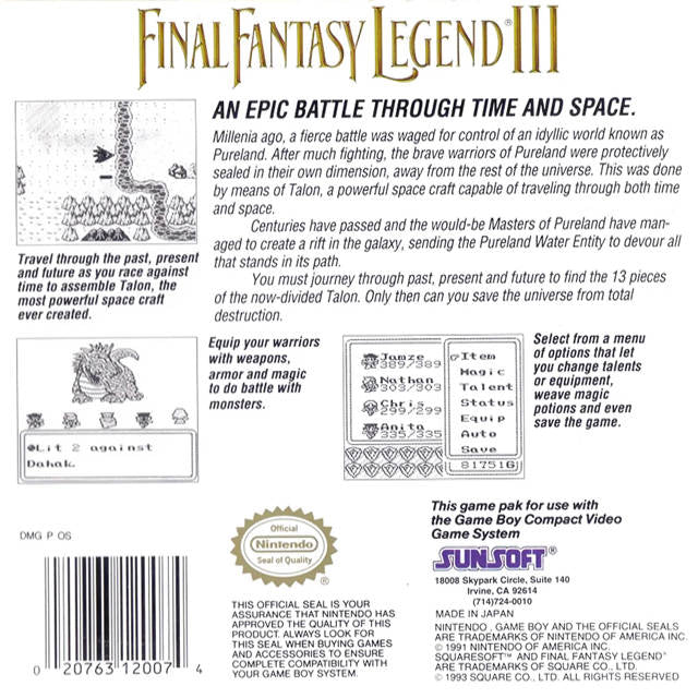 Final Fantasy Legend III - (GB) Game Boy [Pre-Owned] Video Games Sun Corp   