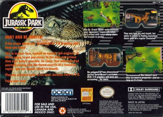 Jurassic Park - (SNES) Super Nintendo [Pre-Owned] Video Games Ocean   
