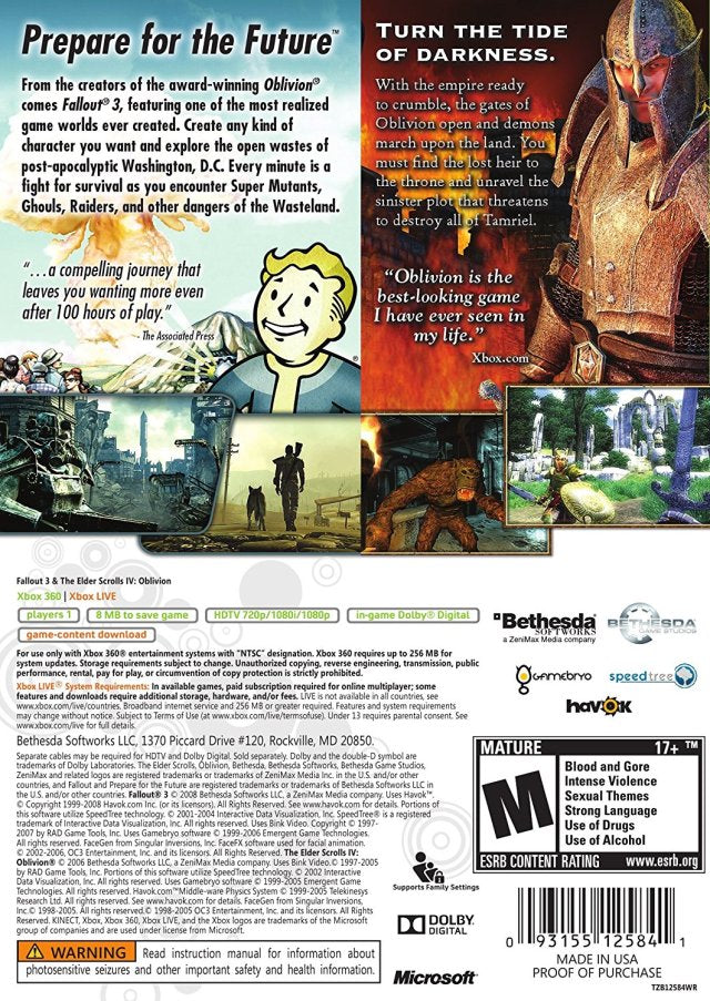 Fallout 3 & Oblivion Double Pack (Platinum Hits) - Xbox 360 [Pre-Owned] Video Games Bethesda Softworks   