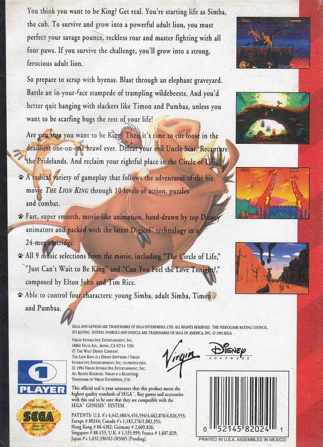 The Lion King - (SG) SEGA Genesis [Pre-Owned] Video Games Virgin Interactive   