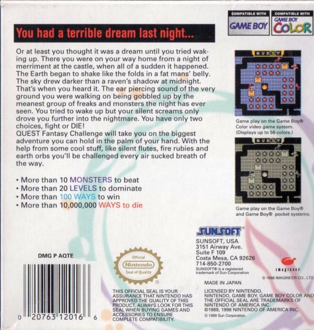 Quest: Fantasy Challenge - (GBC) Game Boy Color Video Games SunSoft   