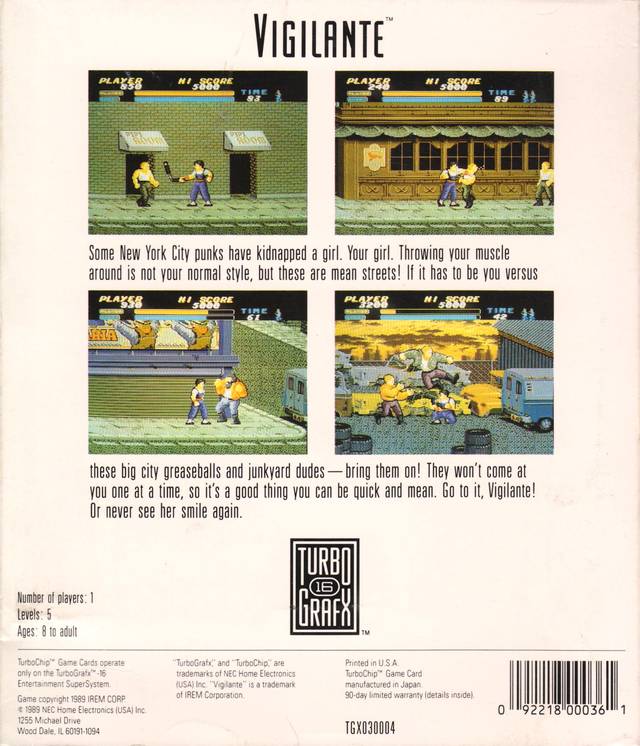 Vigilante TurboGrafx 16 Pre Owned J L Game