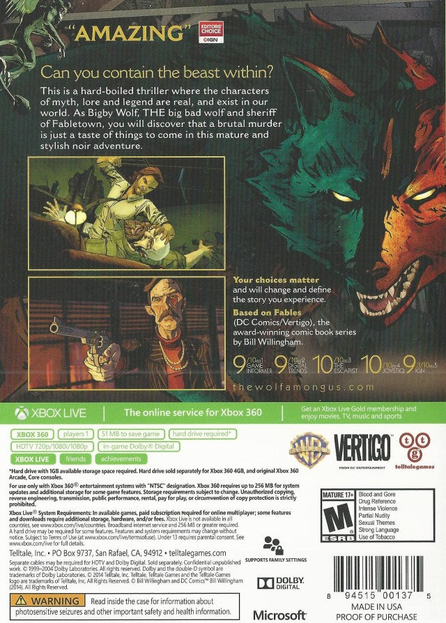 The Wolf Among Us - Xbox 360 Video Games Telltale Games   