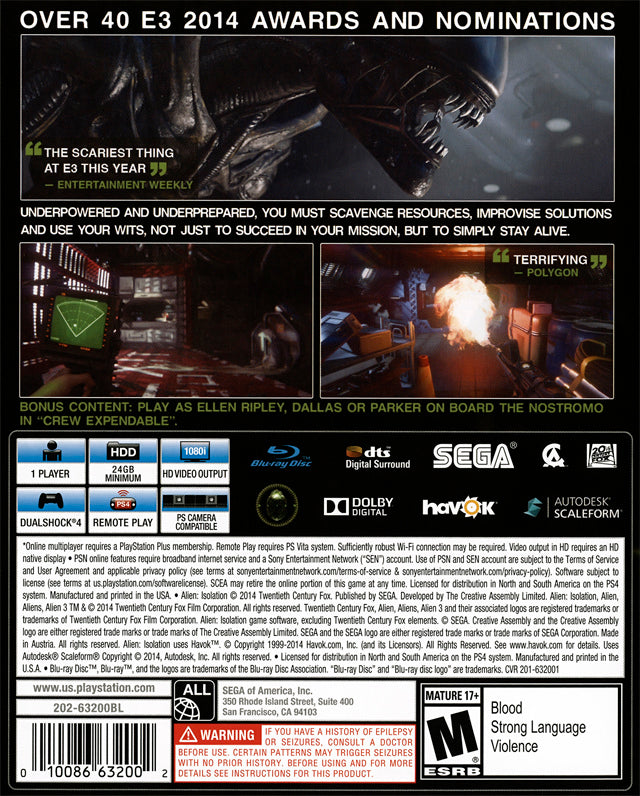 Alien: Isolation (Nostromo Edition) - (PS4) PlayStation 4 [Pre-Owned] Video Games SEGA   