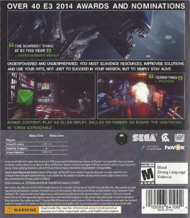 Alien: Isolation (Nostromo Edition) - (XB1) Xbox One [Pre-Owned] Video Games Sega   