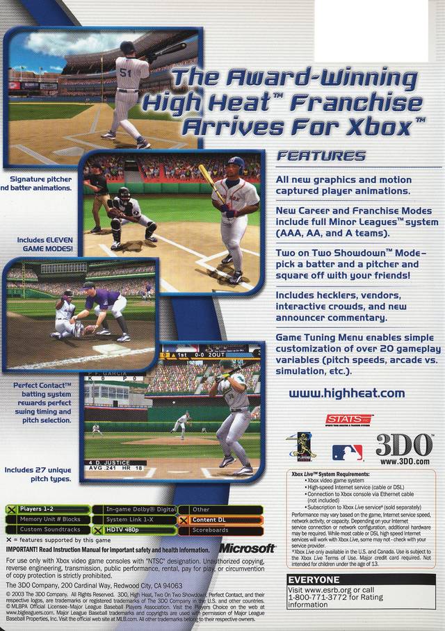 High Heat Major League Baseball 2004 - Xbox Video Games 3DO   