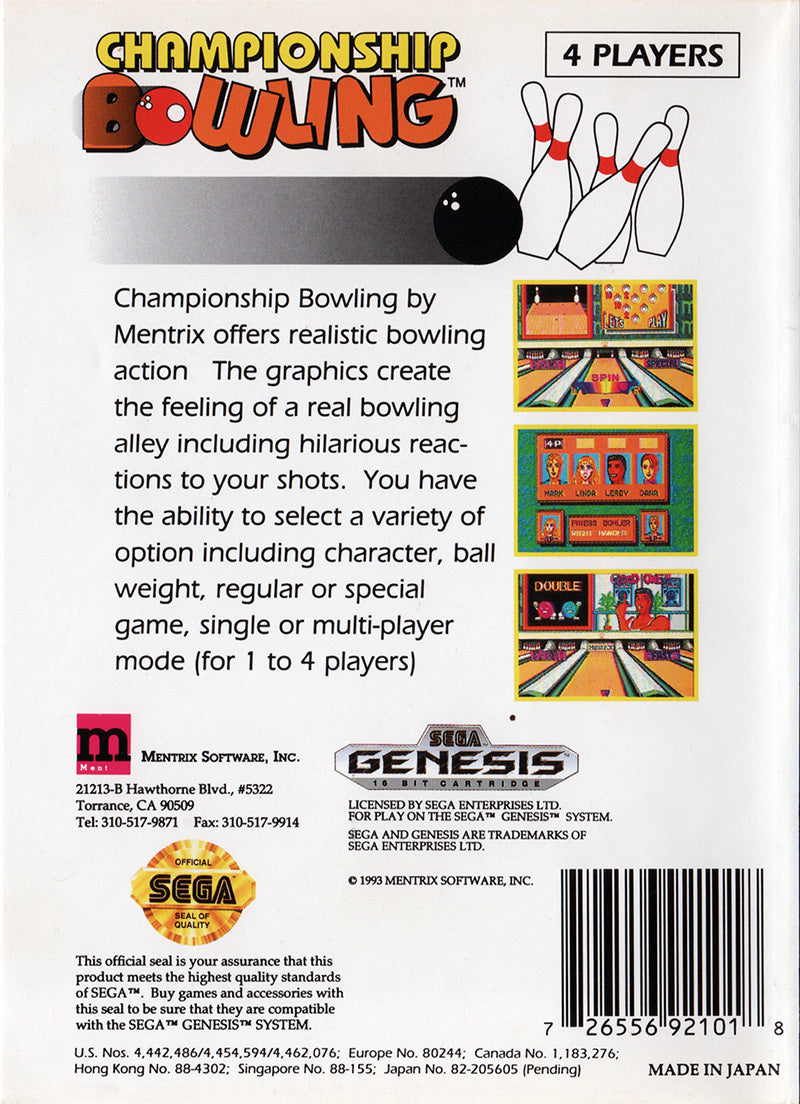 Championship Bowling - (SG) SEGA Genesis [Pre-Owned] Video Games Mentrix Software, Inc.   