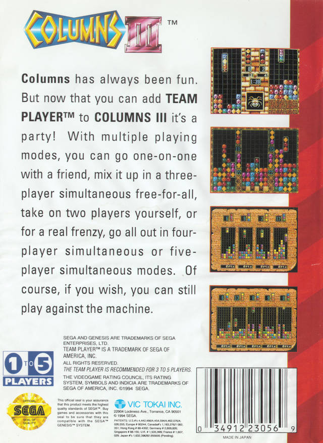 Columns III - (SG) SEGA Genesis [Pre-Owned] Video Games Vic Tokai   