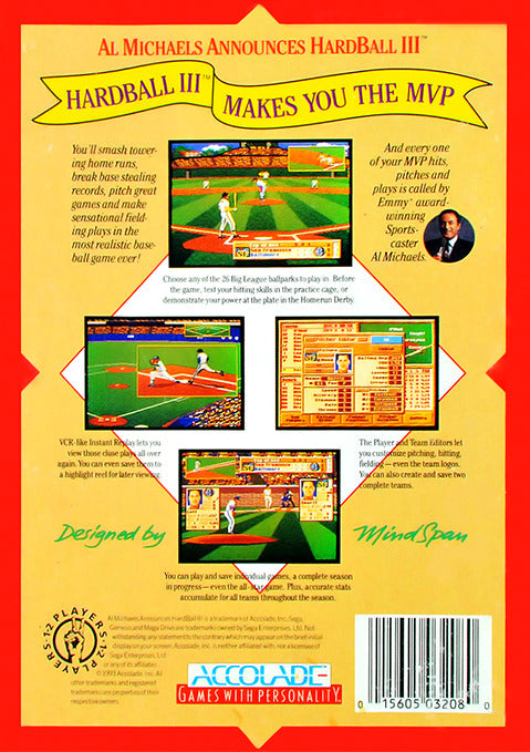 Al Michaels Announces HardBall III - (SG) SEGA Genesis [Pre-Owned] Video Games Accolade   