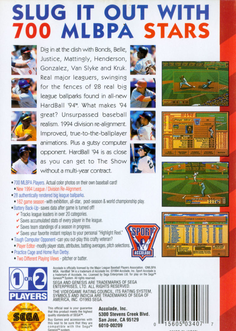 Hardball '94 - (SG) SEGA Genesis [Pre-Owned] Video Games Accolade   