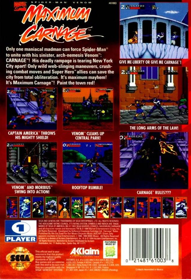 Spider-Man & Venom: Maximum Carnage (Red Cartridge) - SEGA Genesis [Pre-Owned] Video Games Acclaim   