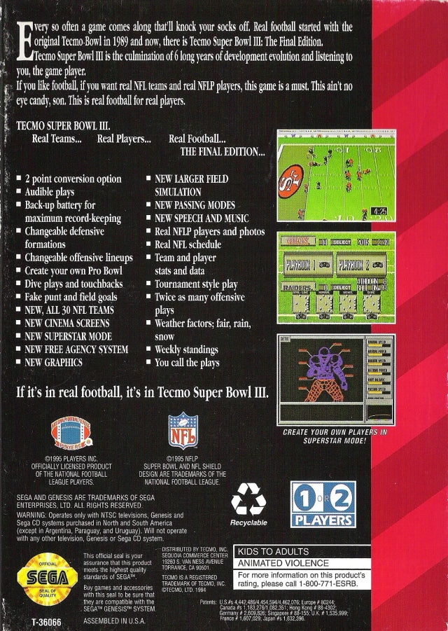 Tecmo Super Bowl III: Final Edition - SEGA Genesis [Pre-Owned] Video Games Tecmo   