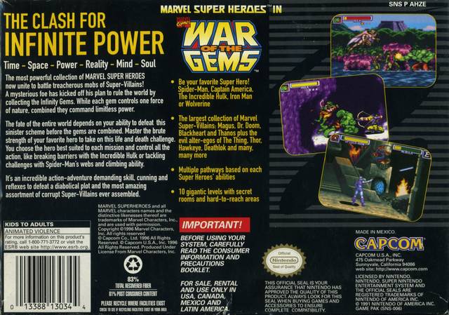 Marvel Super Heroes in War of the Gems - (SNES) Super Nintendo [Pre-Owned] Video Games Capcom   