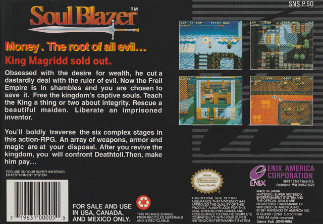 Soul Blazer - (SNES) Super Nintendo [Pre-Owned] Video Games Enix America, Inc.   