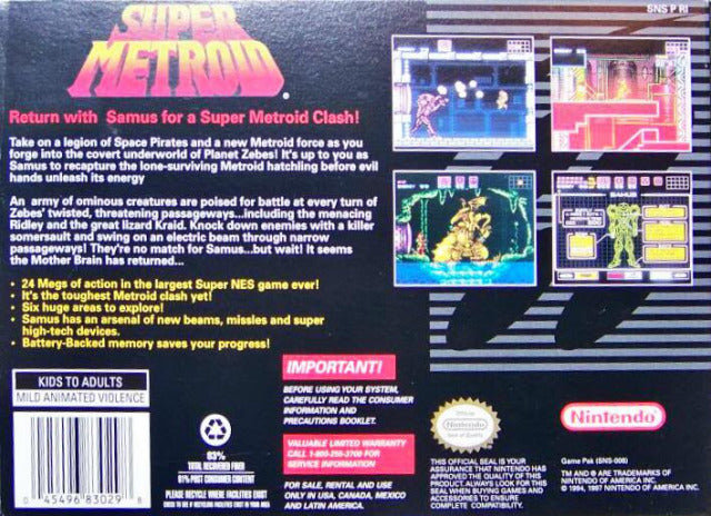 Super Metroid (Player's Choice) - (SNES) Super Nintendo [Pre-Owned] Video Games Intelligent Systems   