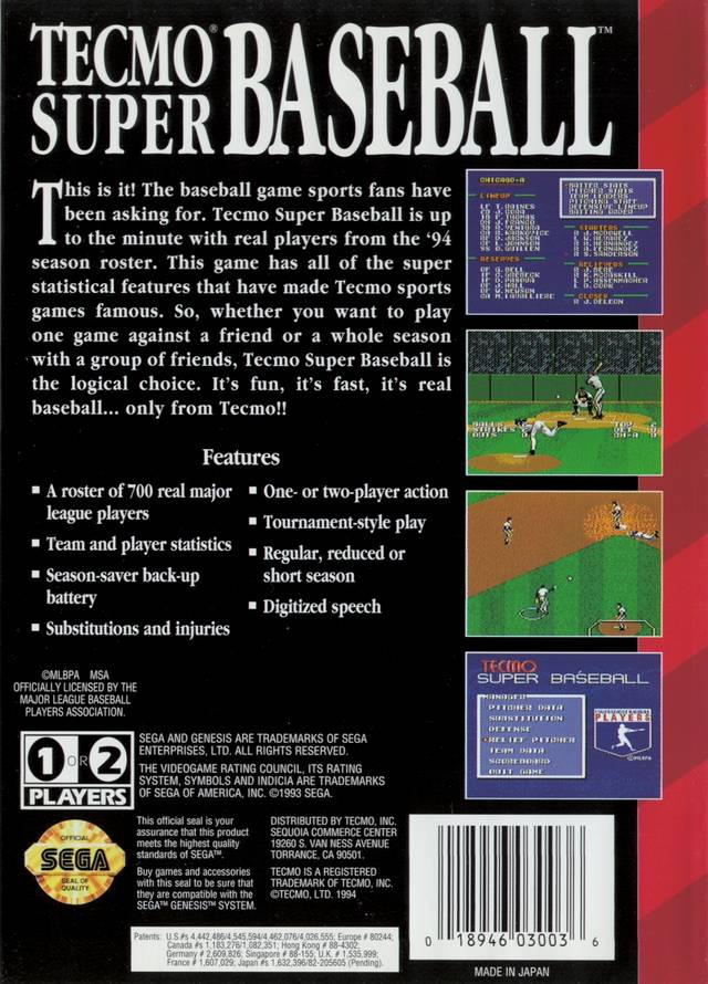 Tecmo Super Baseball - (SG) SEGA Genesis [Pre-Owned] Video Games Tecmo   