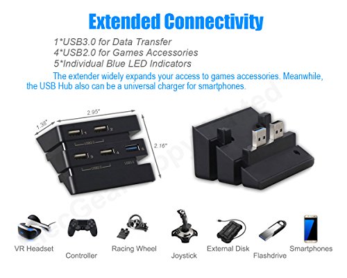 PS4 Pro USB Hub 3.0 USB Extension Adapter Splitter Charging Port (1x USB3.0 and 4X USB2.0) with LED ( Black Color)  - (PS4) Playstation 4 Accessories ElecGear   