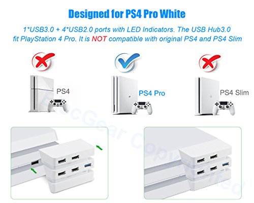 PS4 Pro USB Hub 3.0 USB Extension Adapter Splitter Charging Port (1x USB3.0 and 4X USB2.0) with LED ( White Color)  - (PS4) Playstation 4 Accessories ElecGear   