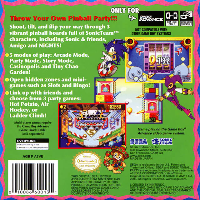 Sonic Pinball Party - (GBA) Game Boy Advance [Pre-Owned] Video Games Sega   