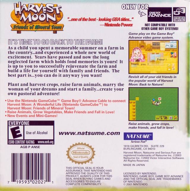 Harvest Moon: Friends of Mineral Town - (GBA) Game Boy Advance [Pre-Owned] Video Games Natsume   