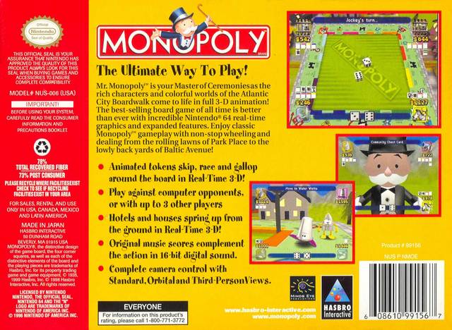 Monopoly - (N64) Nintendo 64 [Pre-Owned] Video Games Hasbro Interactive   