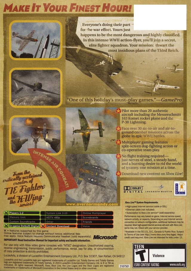 Secret Weapons Over Normandy - (XB) Xbox [Pre-Owned] Video Games LucasArts   