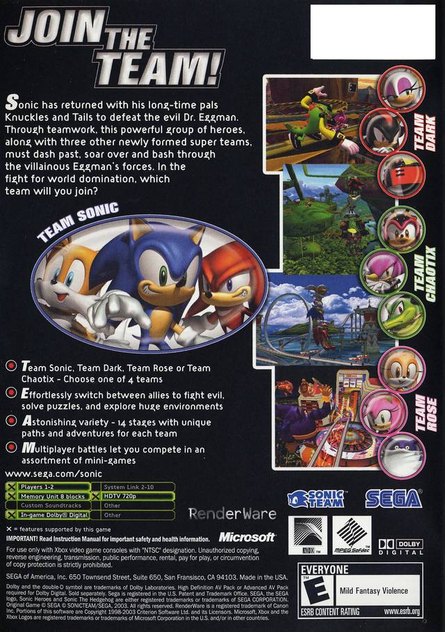 Sonic Heroes Xbox J&L Game - Main Image