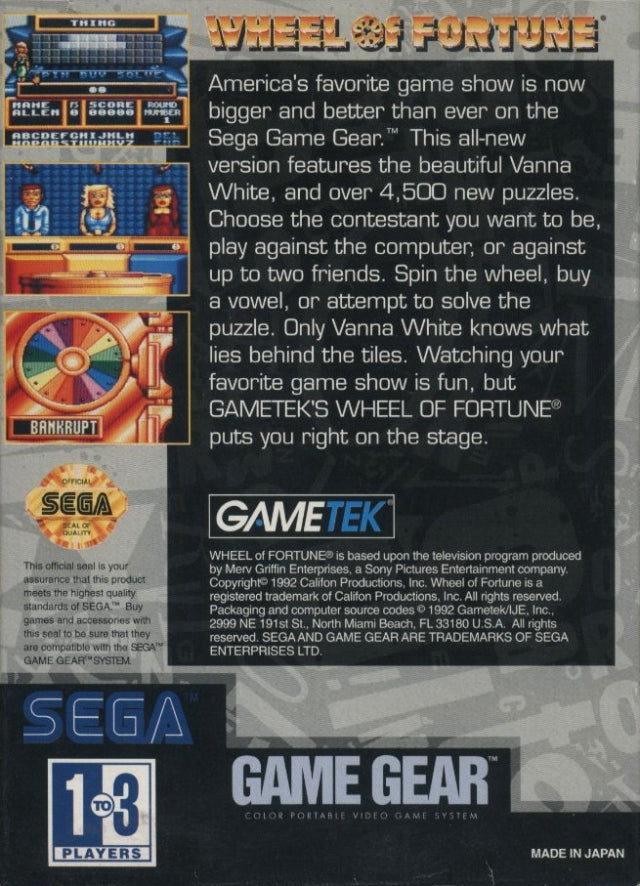Wheel of Fortune: Featuring Vanna White - SEGA GameGear [Pre-Owned] Video Games GameTek   