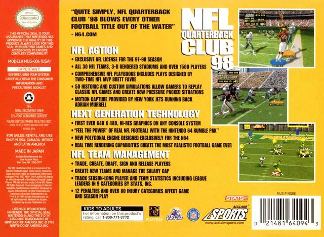NFL Quarterback Club 98 - (N64) Nintendo 64 [Pre-Owned] Video Games Acclaim   