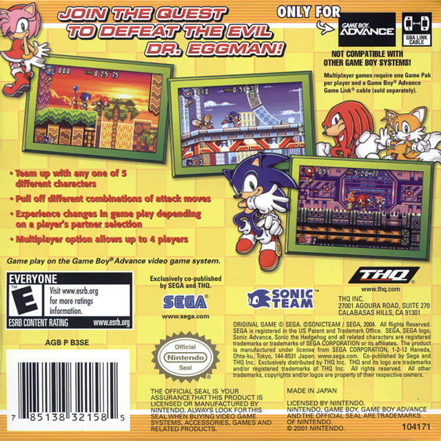 Sonic Advance 3 - (GBA) Game Boy Advance [Pre-Owned] Video Games THQ   