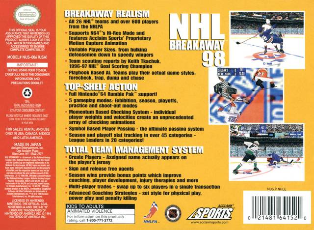 NHL Breakaway 98 - (N64) Nintendo 64 [Pre-Owned] Video Games Acclaim   