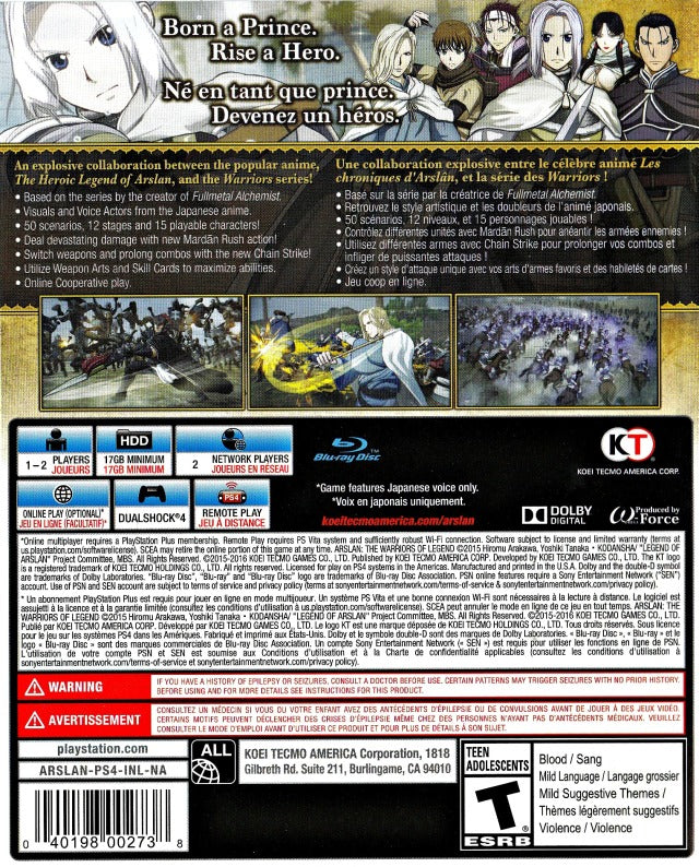 Arslan: The Warriors of Legend - (PS4) PlayStation 4 Video Games Koei Tecmo Games   
