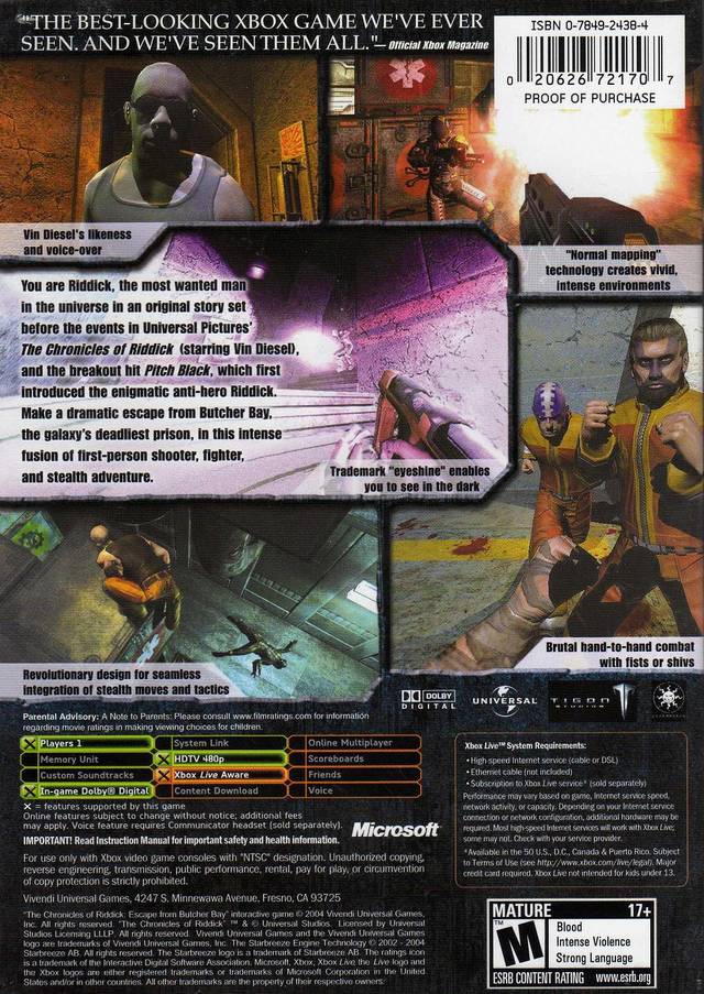 The Chronicles of Riddick: Escape From Butcher Bay - (XB) Xbox [Pre-Owned] Video Games VU Games   