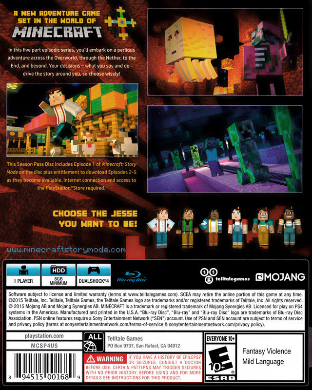 Minecraft: Story Mode - A Telltale Games Series - Season Pass Disc - (PS4) PlayStation 4 Video Games Telltale Games   
