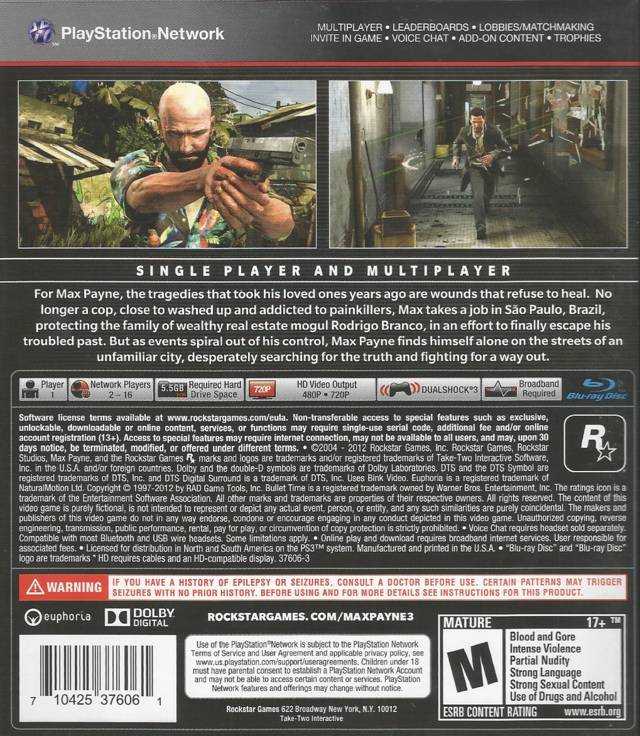 Max Payne 3 - (PS3) PlayStation 3 [Pre-Owned] Video Games Rockstar Games   