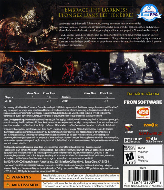 Dark Souls III - (XB1) Xbox One Video Games BANDAI NAMCO Entertainment   