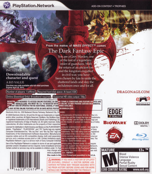 Dragon Age: Origins - (PS3) PlayStation 3 Video Games Electronic Arts   