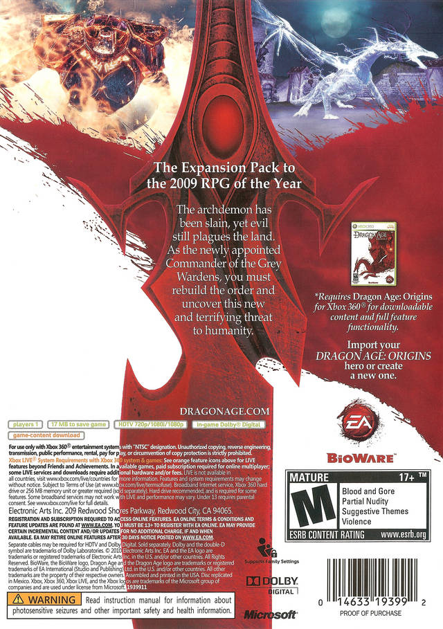 Dragon Age: Origins Awakening (Expansion Pack) - Xbox 360 Video Games Electronic Arts   