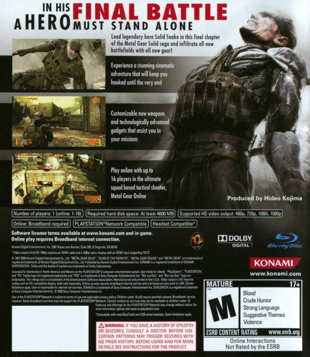 Metal Gear Solid 4: Guns of the Patriots - (PS3) PlayStation 3 [Pre-Owned] Video Games Konami   