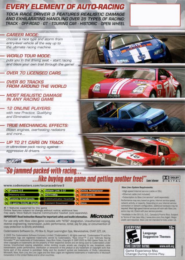 TOCA Race Driver 3 - Xbox Video Games Codemasters   