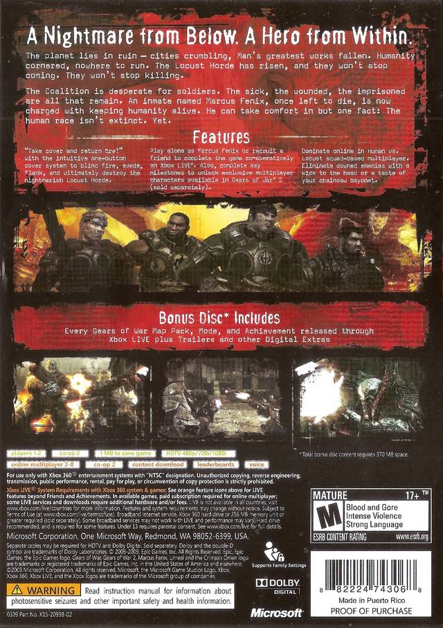 Gears of War (2-Disc Edition) (Platinum Hits) - Xbox 360 [Pre-Owned] Video Games Microsoft   