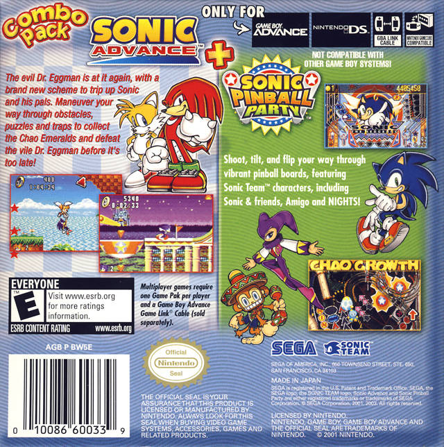 Sonic Advance + Sonic Pinball Party - (GBA) Game Boy Advance [Pre-Owned] Video Games Sega   