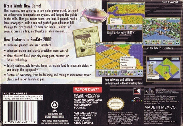 SimCity 2000 - (SNES) Super Nintendo [Pre-Owned] Video Games Black Pearl   