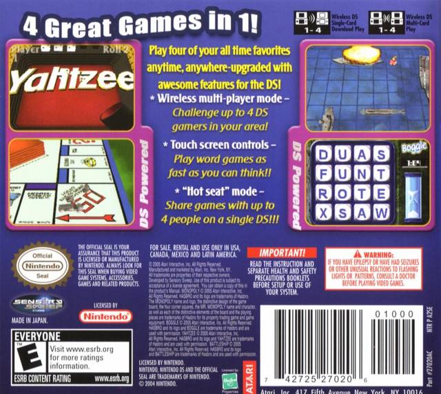 Monopoly / Boggle / Yahtzee / Battleship - Nintendo DS Video Games Atari SA   