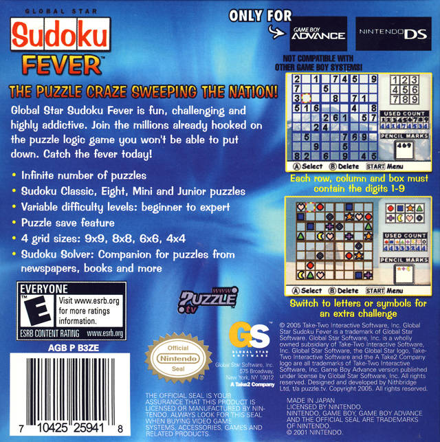 Global Star Sudoku Fever - (GBA) Game Boy Advance Video Games Take-Two Interactive   