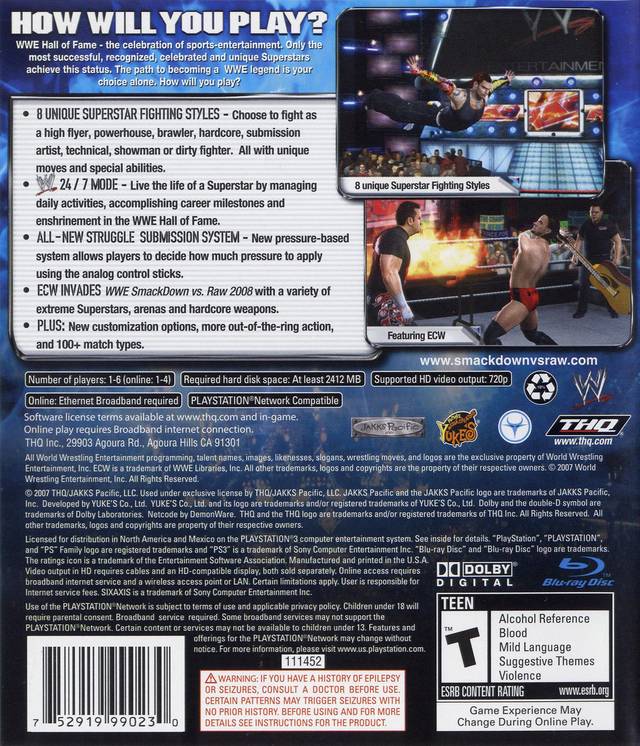 WWE SmackDown vs. Raw 2008 - (PS3) PlayStation 3 [Pre-Owned] Video Games THQ   