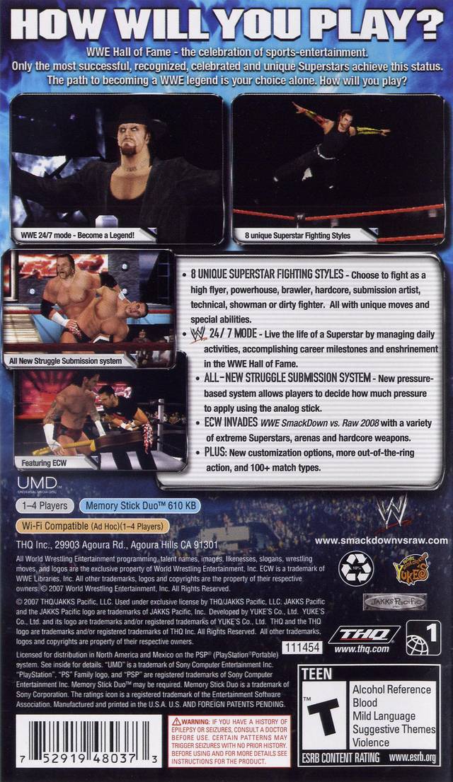WWE SmackDown vs. Raw 2008 - SONY PSP [Pre-Owned] Video Games THQ   