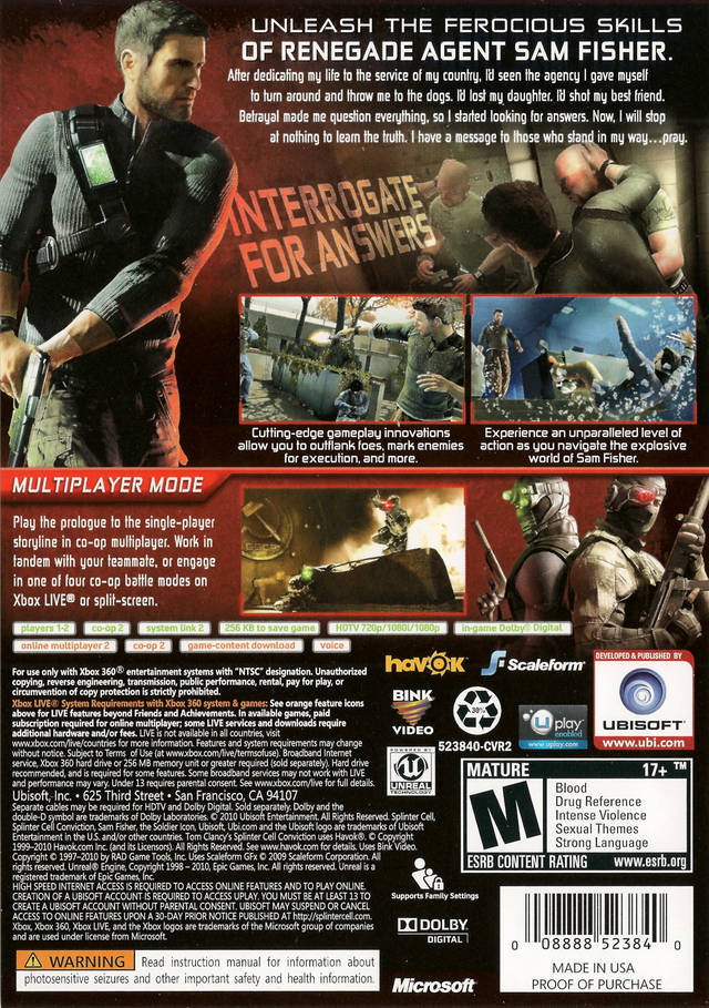 Tom Clancy's Splinter Cell: Conviction - Xbox 360 [Pre-Owned] Video Games Ubisoft   
